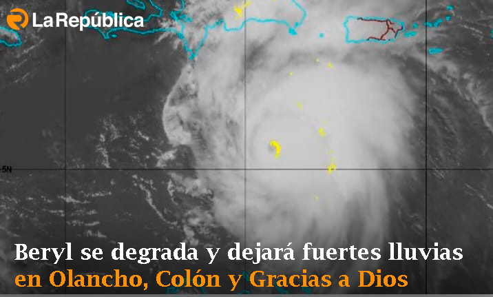 Beryl se degrada y dejará fuertes lluvias en Olancho, Colón y Gracias a Dios - Cover Image